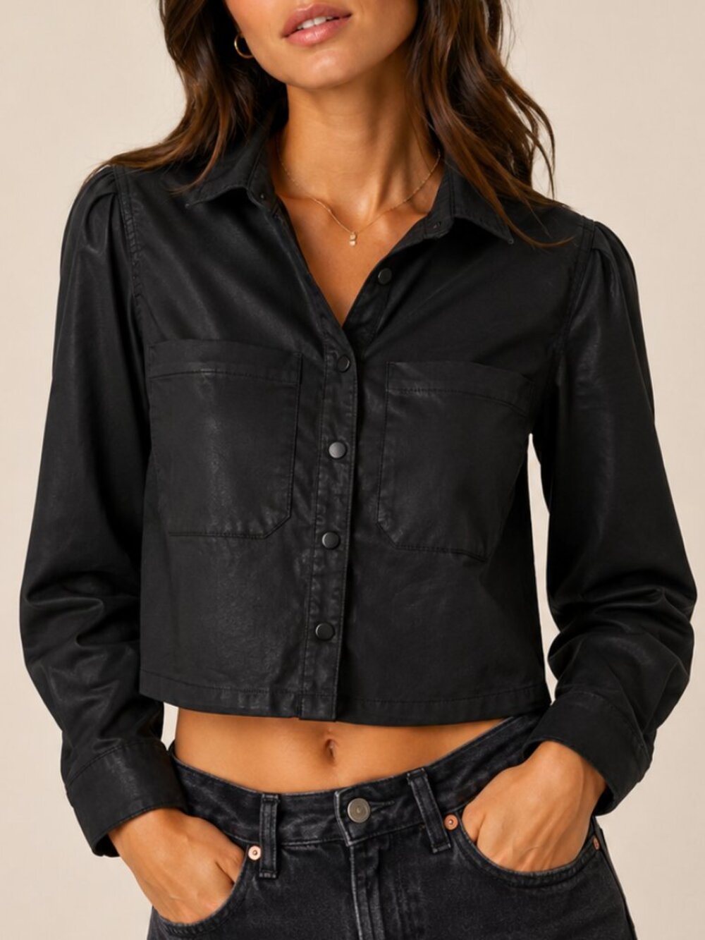 DL1961 Simone Cropped Button Down Coated Black Long Sleeve Medium
